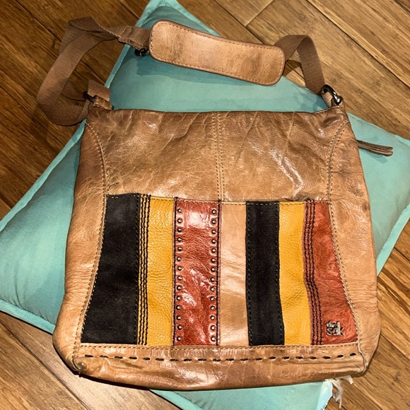 the SAK Tan camel orange brown Multi Leather STRIPED studded crossbody 10x11” L - Picture 2 of 16